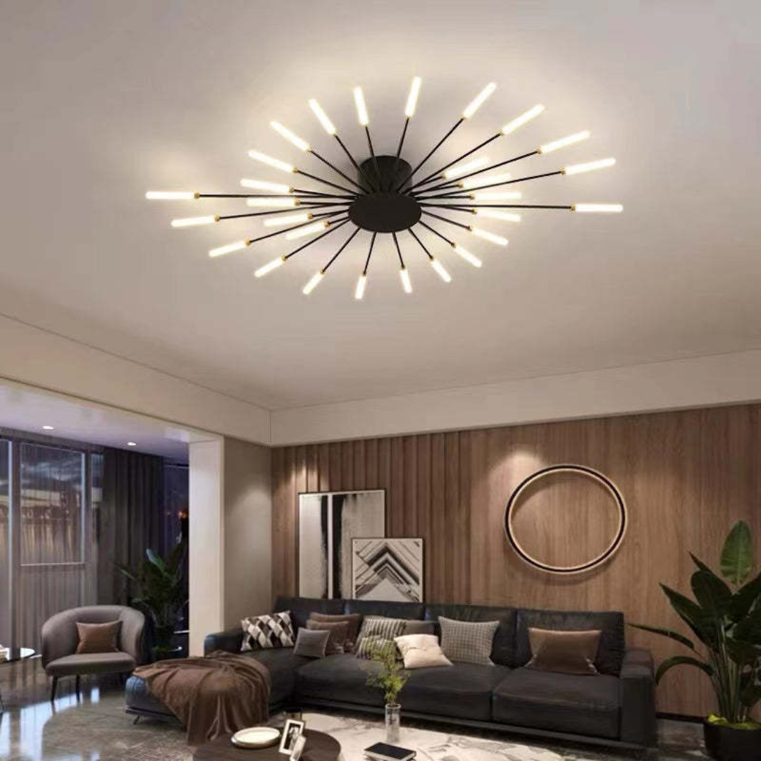Fitlybuy modern black starburst LED ceiling light with glowing rods, installed in a contemporary living room.