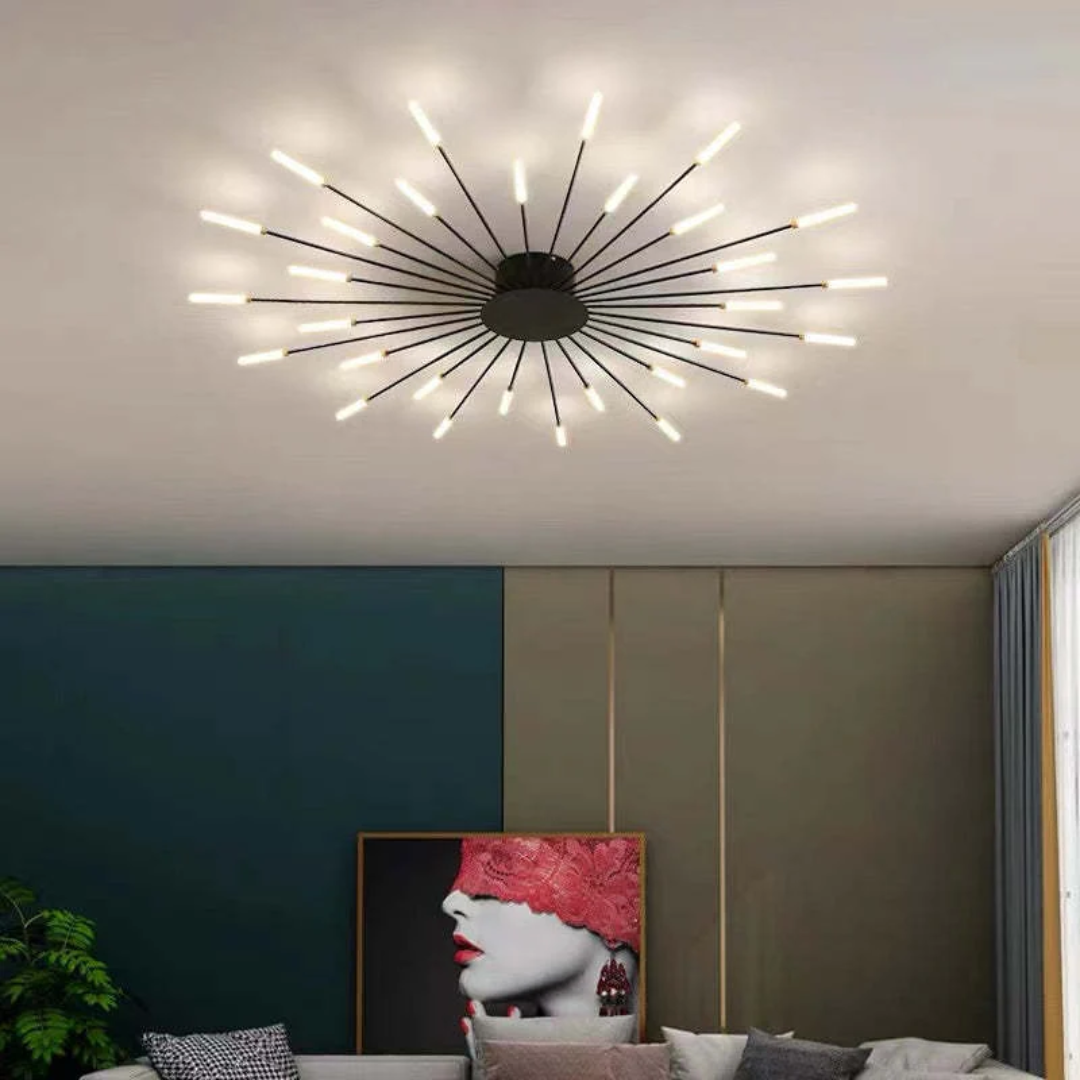 Fitlybuy modern starburst LED ceiling light with black arms and glowing tips, mounted in a contemporary living room.