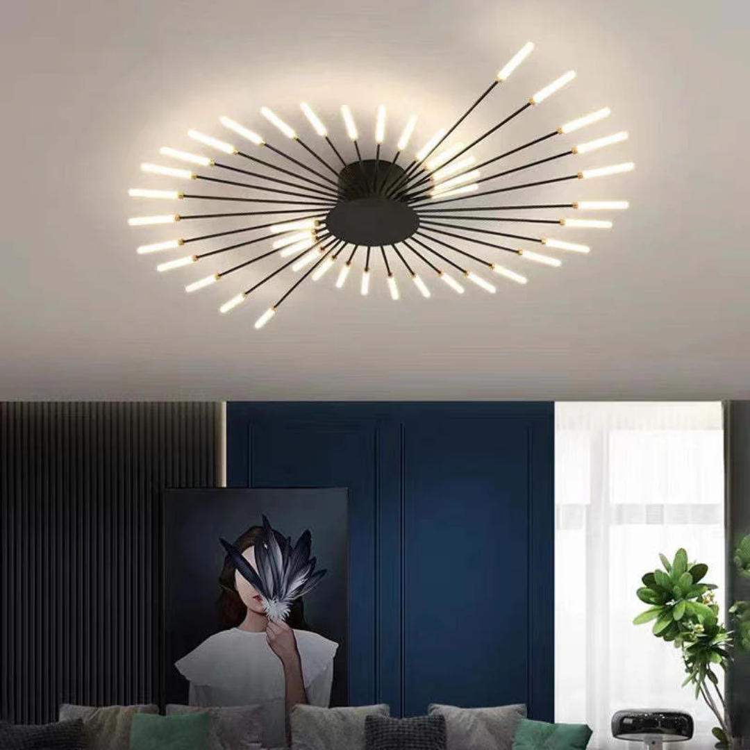Fitlybuy modern black sunburst LED ceiling light with glowing rods, mounted in a contemporary living room.