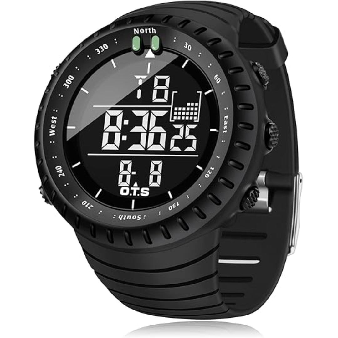 Fitlybuy Henry black tactical digital sports watch with shockproof design, compass bezel, and LED backlit display.