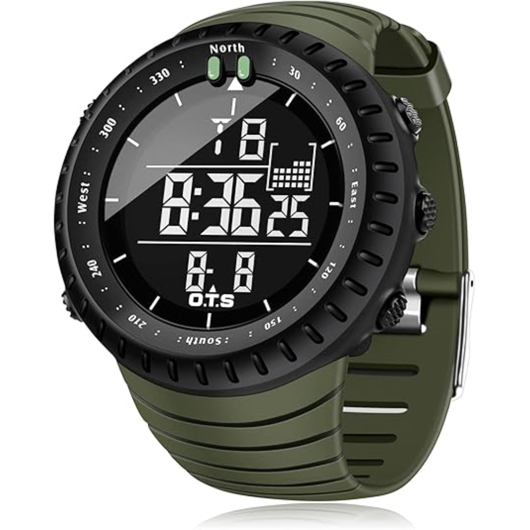 Fitlybuy Henry tactical digital watch in olive green with a rugged black bezel and backlit LED display.