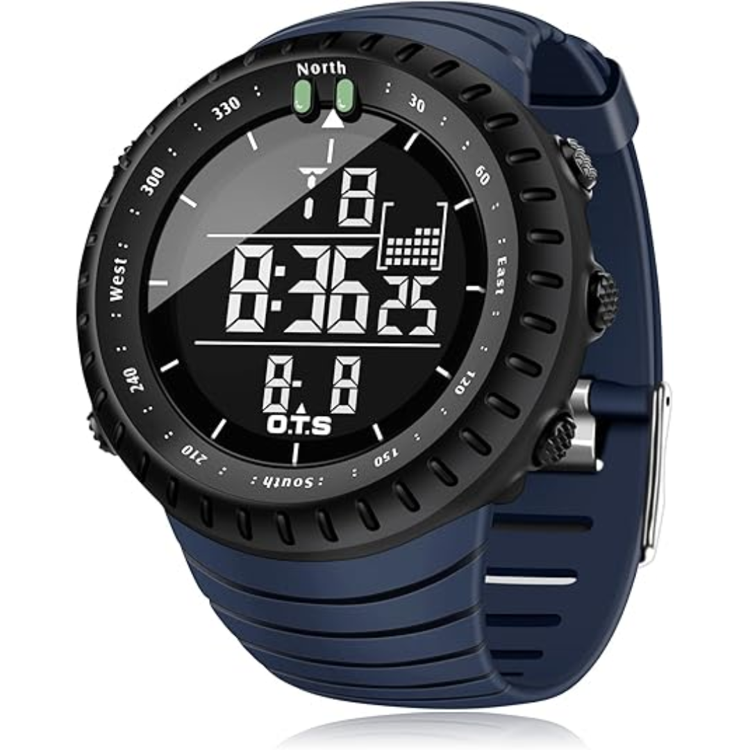 Fitlybuy Henry waterproof tactical digital sports watch with a blue strap, black bezel, and LED display.