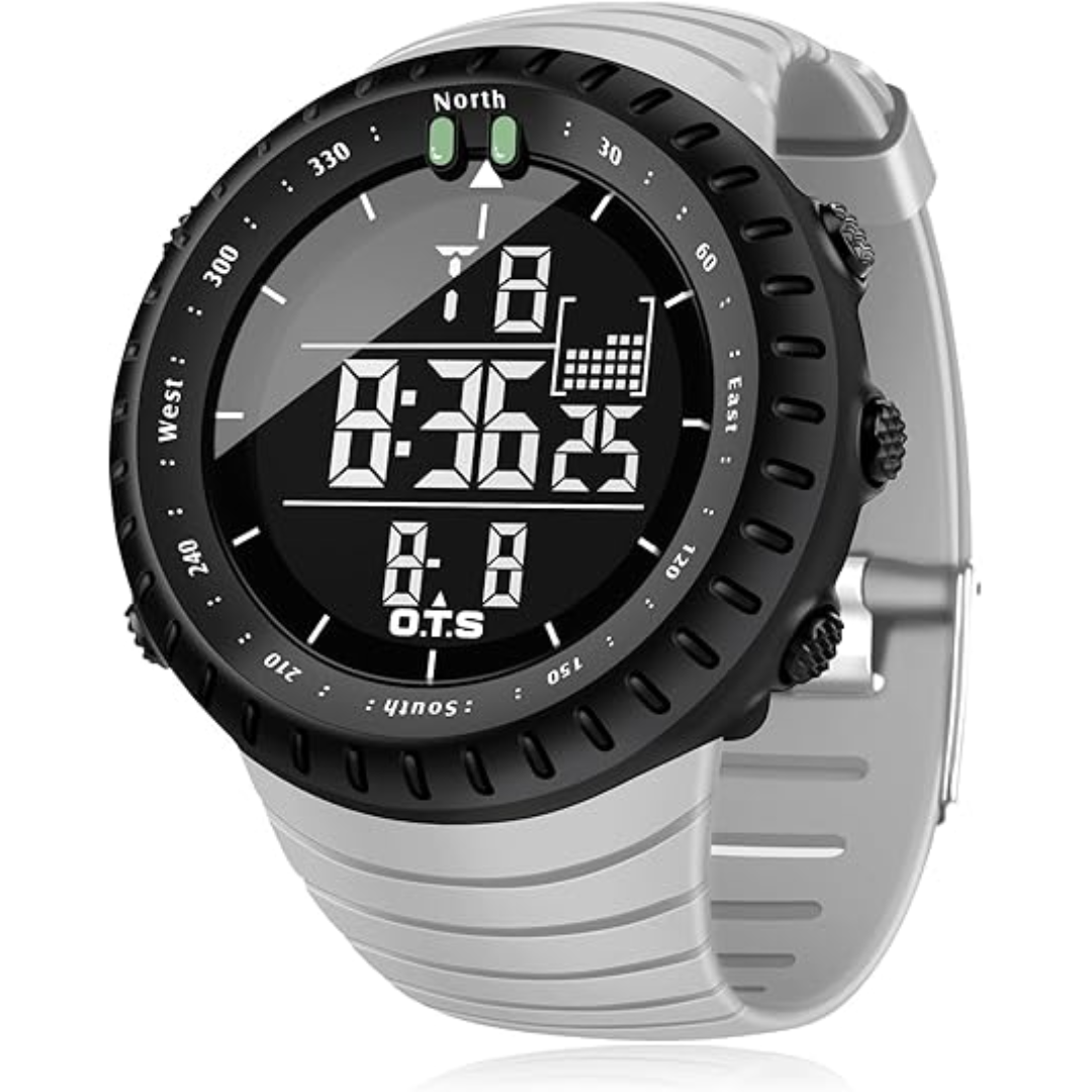 Fitlybuy Henry tactical digital sports watch in grey with black shockproof bezel and backlit LED display.