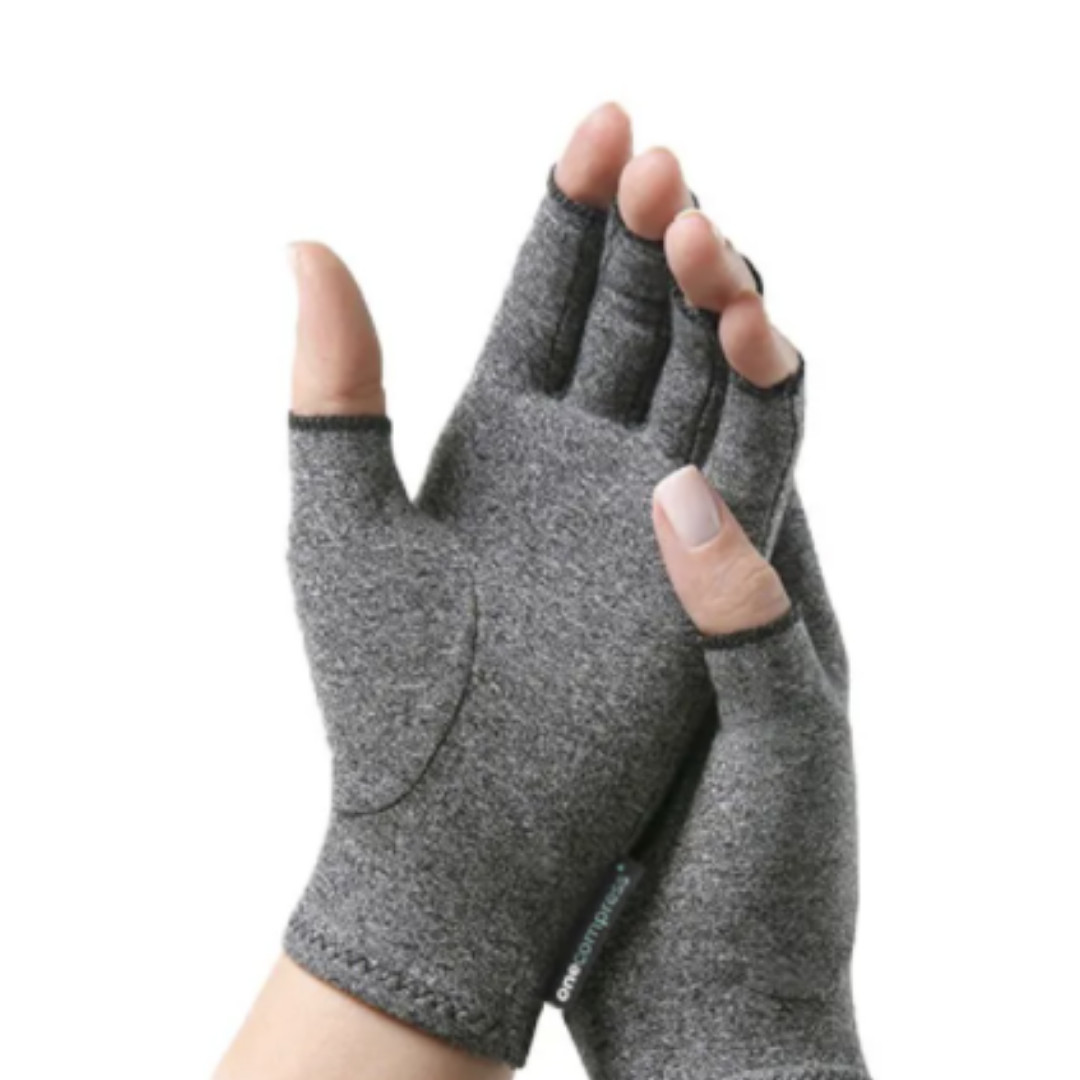 Grey fingerless compression gloves for therapeutic warmth worn on both hands against a white background.