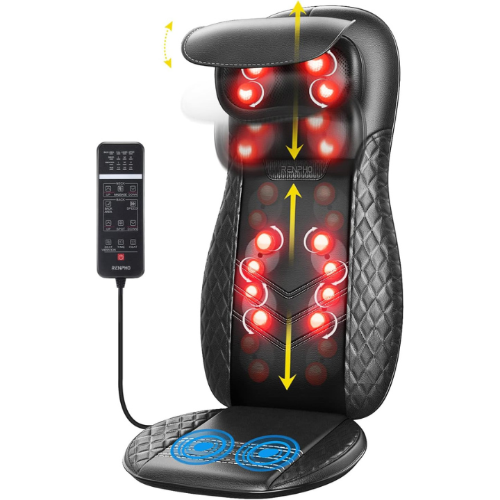Black Fitlybuy shiatsu massage seat with red glowing nodes, vibration zones, and a remote control on a white background.