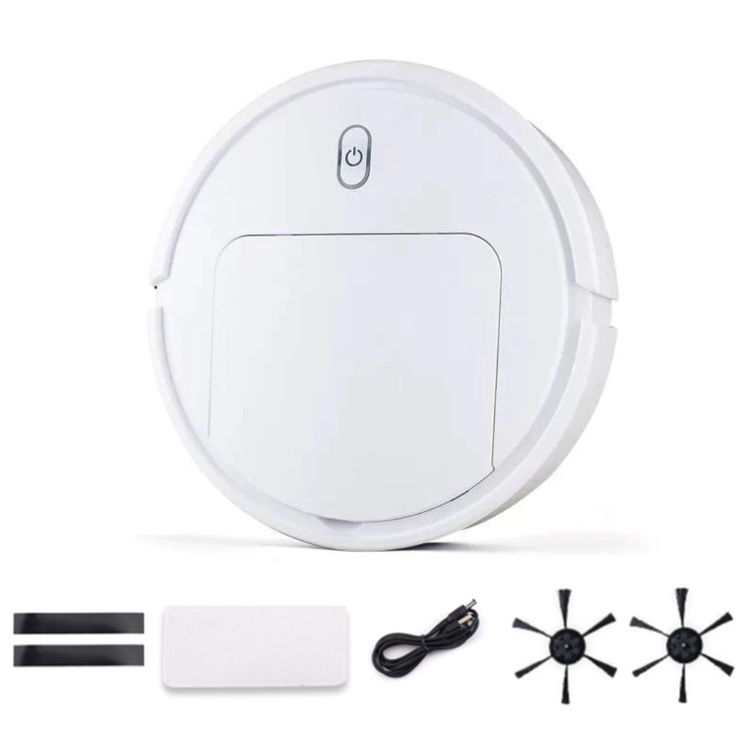 Fitlybuy AutoSweep white smart robot vacuum with power button, cleaning brushes, charging cable, and adhesive strips.