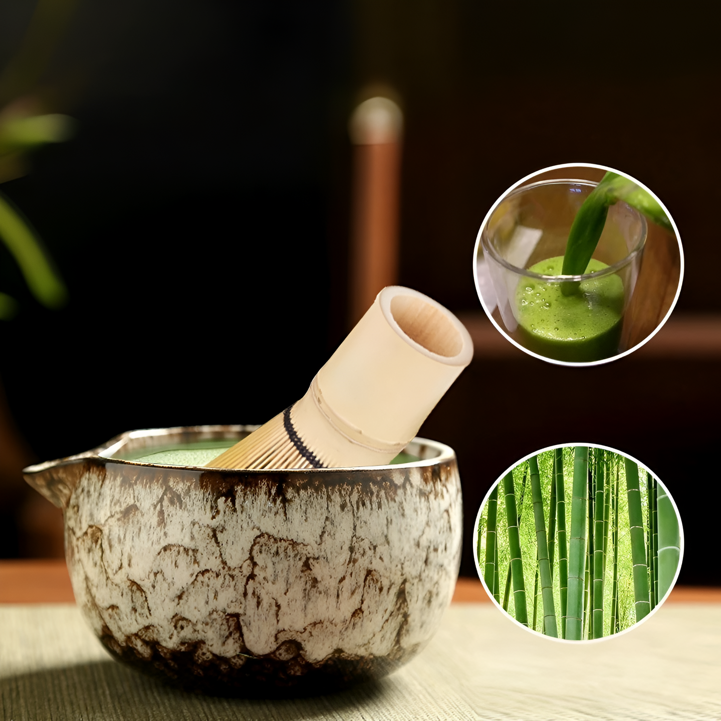 Fitlybuy 6-piece Japanese matcha set featuring a rustic ceramic bowl, bamboo whisk, and matcha preparation visuals.