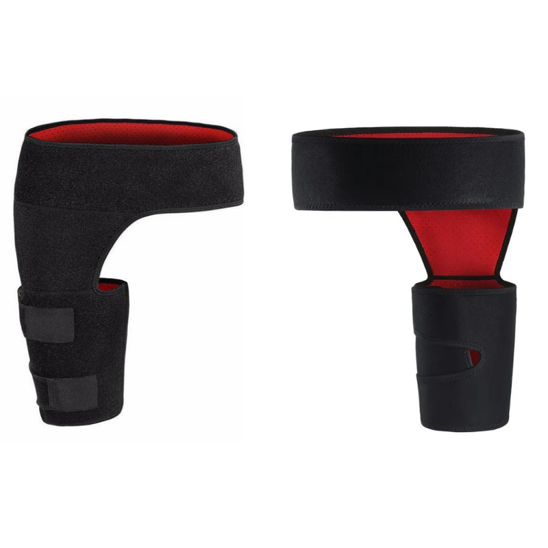 Fitlybuy black and red hip and thigh compression sleeve with adjustable straps for targeted support.