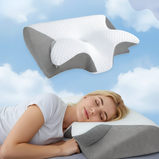 Fitlybuy white and grey ergonomic butterfly neck pillow for supportive sleep, shown with a woman sleeping on one.