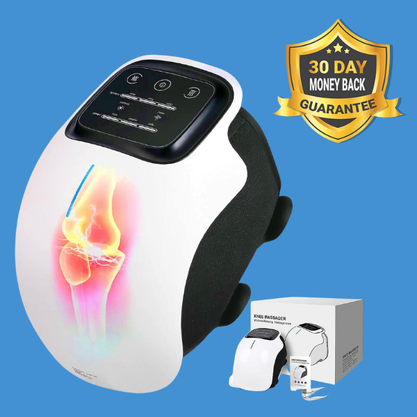 Fitlybuy white/black knee massager with infrared heat display, instruction manual, product box, and 30-day money-back badge.