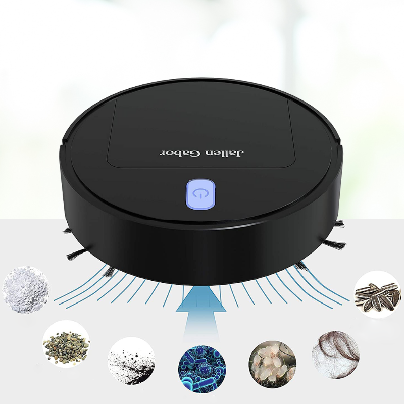 Black Fitlybuy smart robot vacuum with power button, shown suctioning dust, seeds, hair, and germs from a surface.