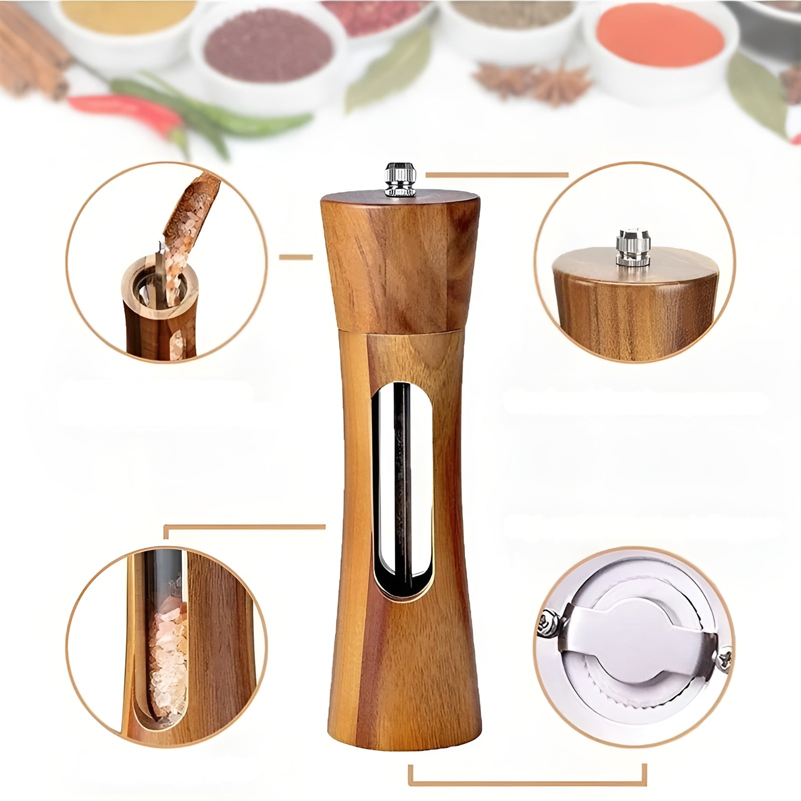 Fitlybuy wooden salt and pepper mill with clear viewing window, adjustable grind, and filling/mechanism close-ups.
