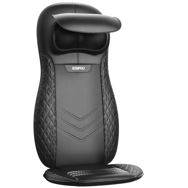 Black RENPHO Shiatsu neck and back massage seat chair with diamond-quilted sides and adjustable head flap.