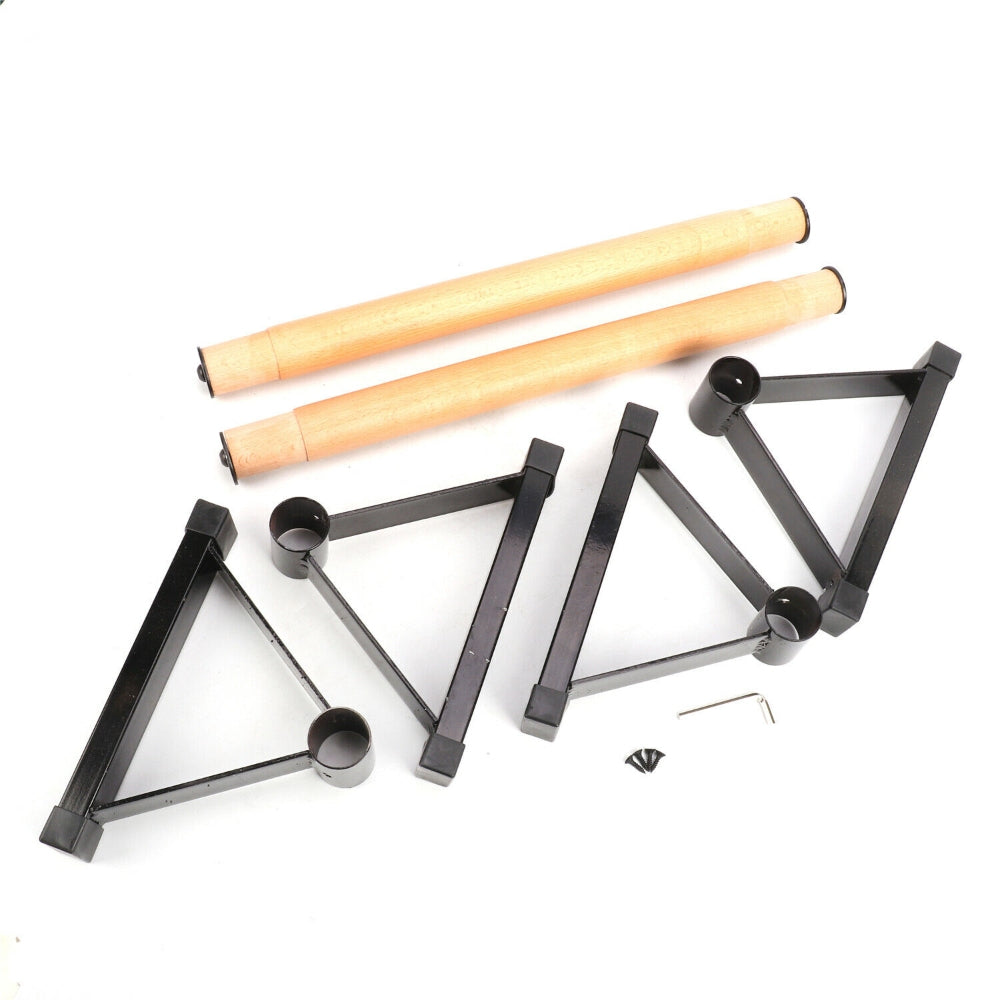 Fitlybuy Parallettes Pro set includes two wooden bars, four black triangular metal bases, screws, and an Allen key.