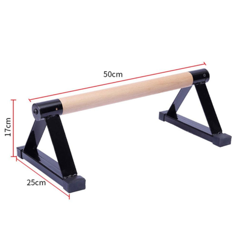 Fitlybuy Parallettes Pro: black metal push-up bar with wooden handle, 50cm length, 17cm height, and 25cm base.