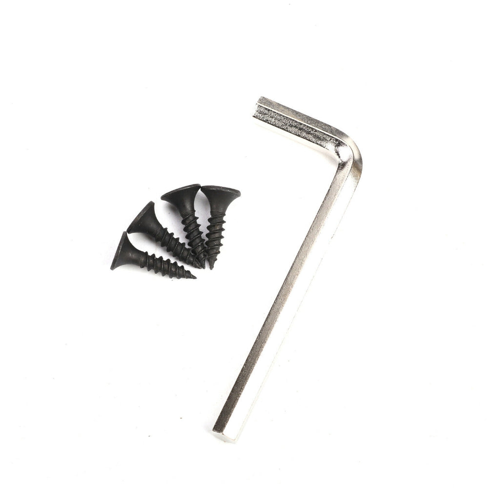 Four black assembly screws and one silver L-shaped hex key for Fitlybuy Parallettes Pro setup on white background.
