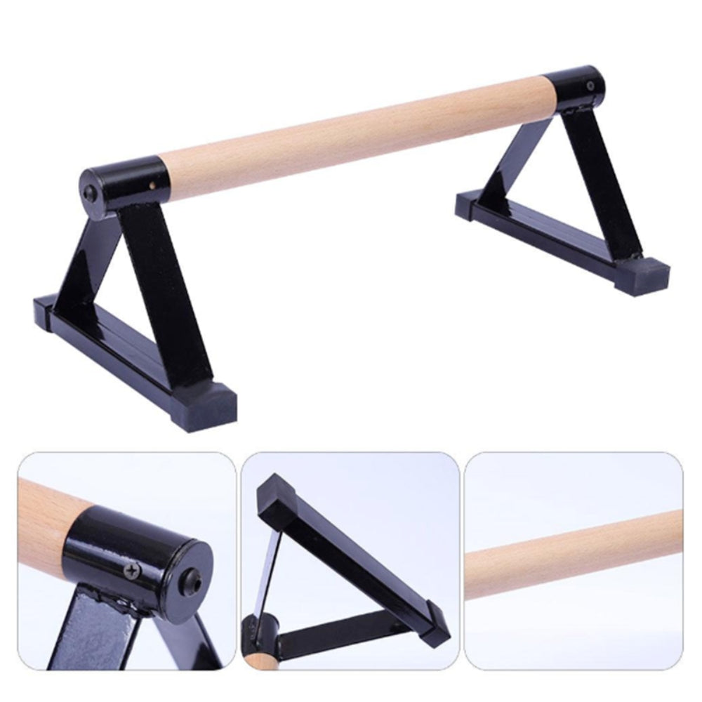 Fitlybuy Parallettes Pro: Wooden push-up bars with black metal triangle bases for stability and ergonomic grip.