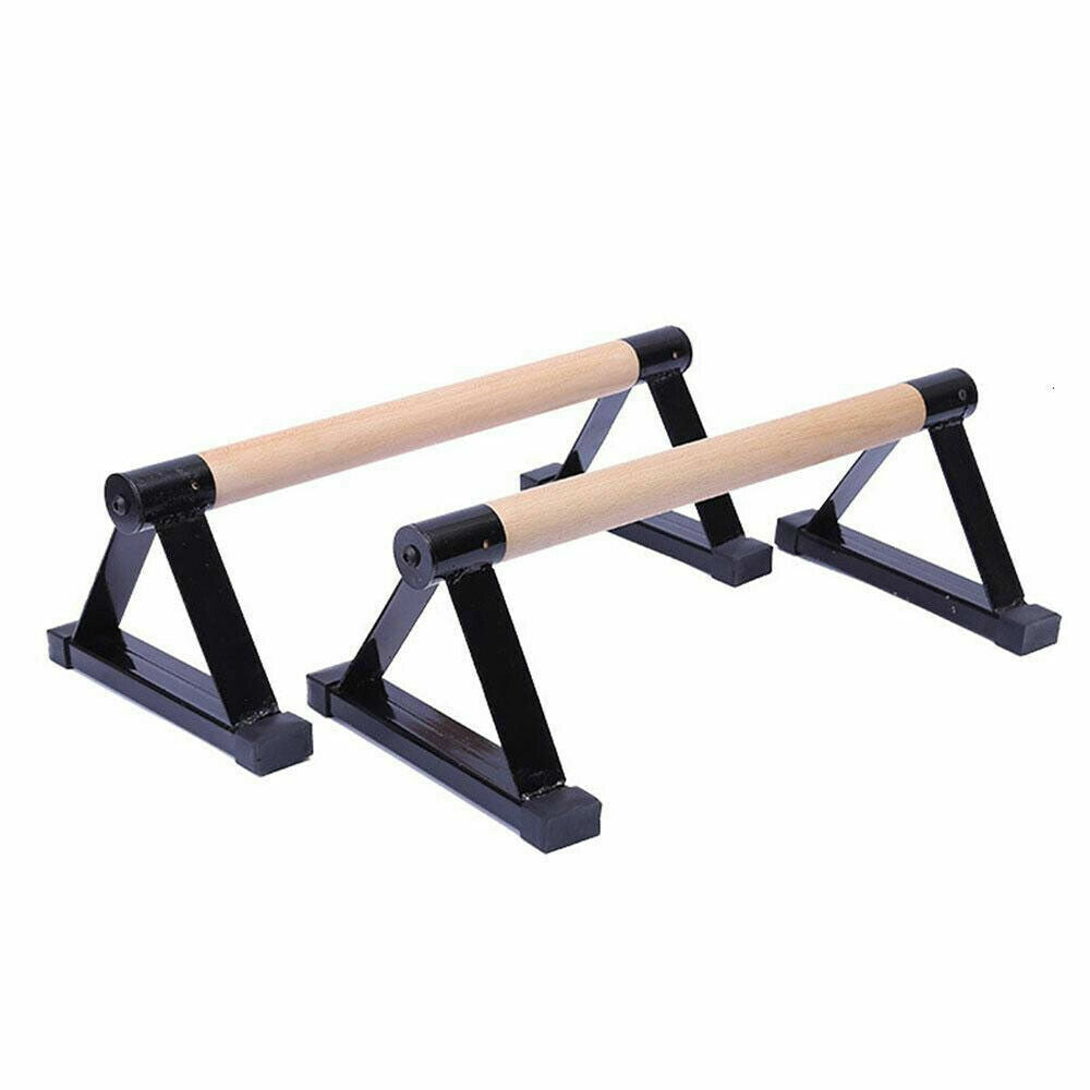 Fitlybuy Parallettes Pro: Set of two push-up bars with natural wooden grips and sturdy black triangular metal bases.