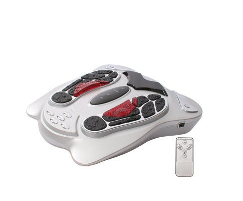 Silver Fitlybuy WaveTech electromagnetic foot massager with textured massage pads, red light accents, and remote control.