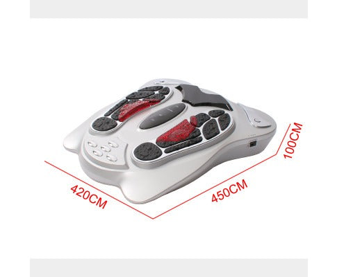 Fitlybuy silver electromagnetic foot massager with red and black textured reflexology pads and device dimensions.