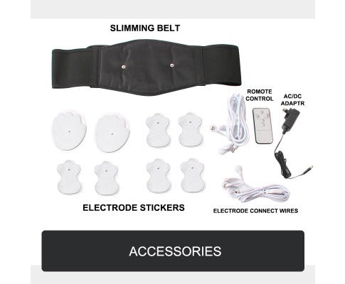 Fitlybuy EMS massage set featuring a black slimming belt, electrode stickers, remote control, and power adapter.