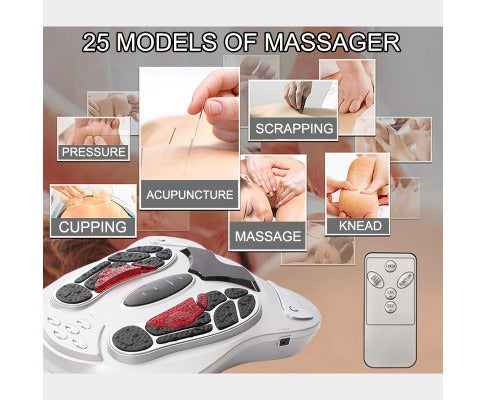 Fitlybuy foot massager with WaveTech, remote control, and multiple massage therapy modes shown in a collage.