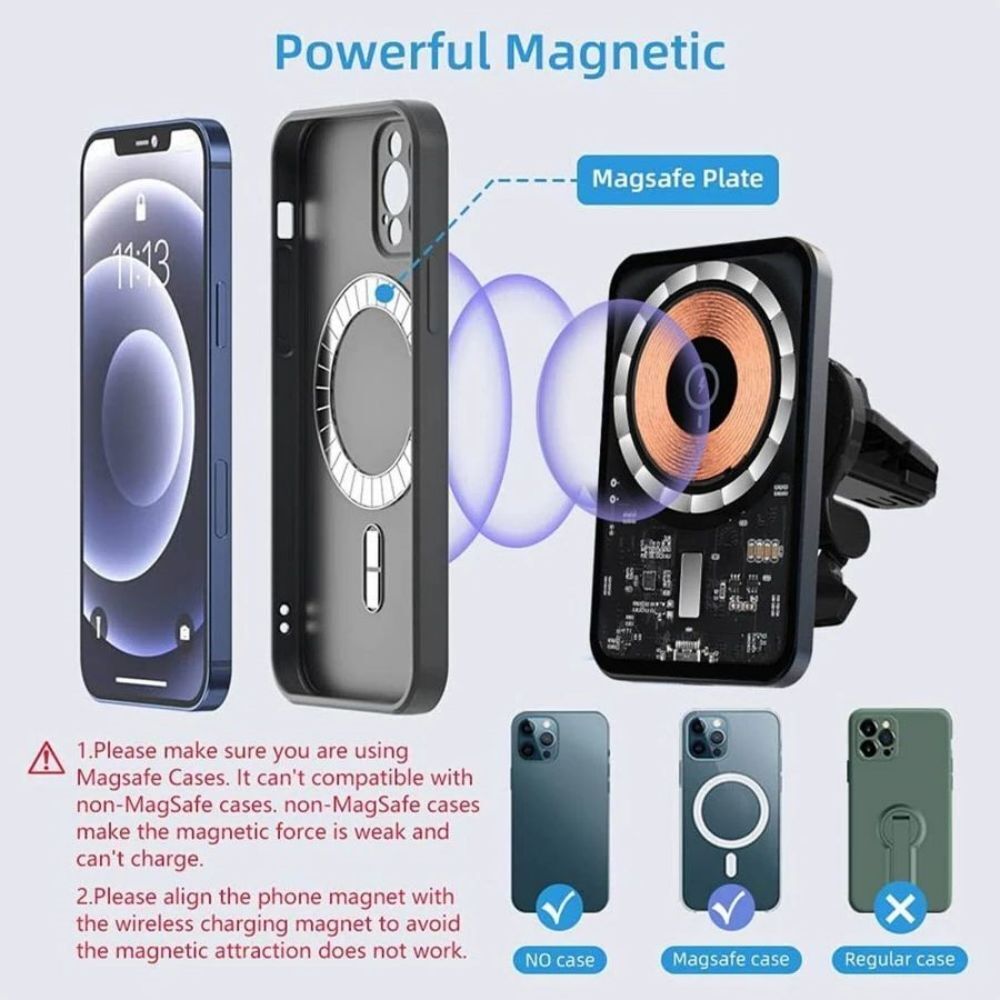 Powerpulse 15W Magnetic Car Wireless Charger – Vent Mount, MagSafe