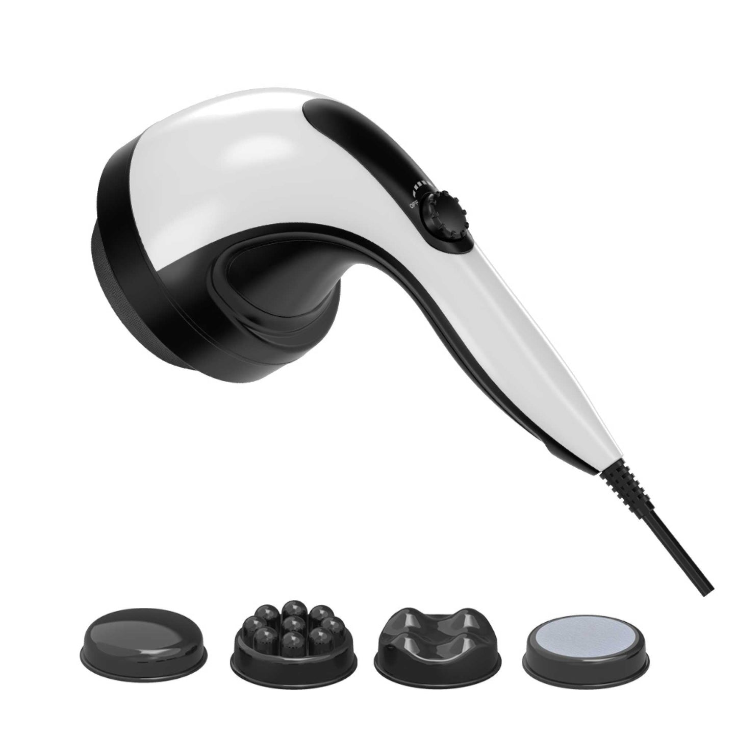 Fitlybuy handheld vibration massager in white and black, featuring PulseWave technology and four interchangeable heads.