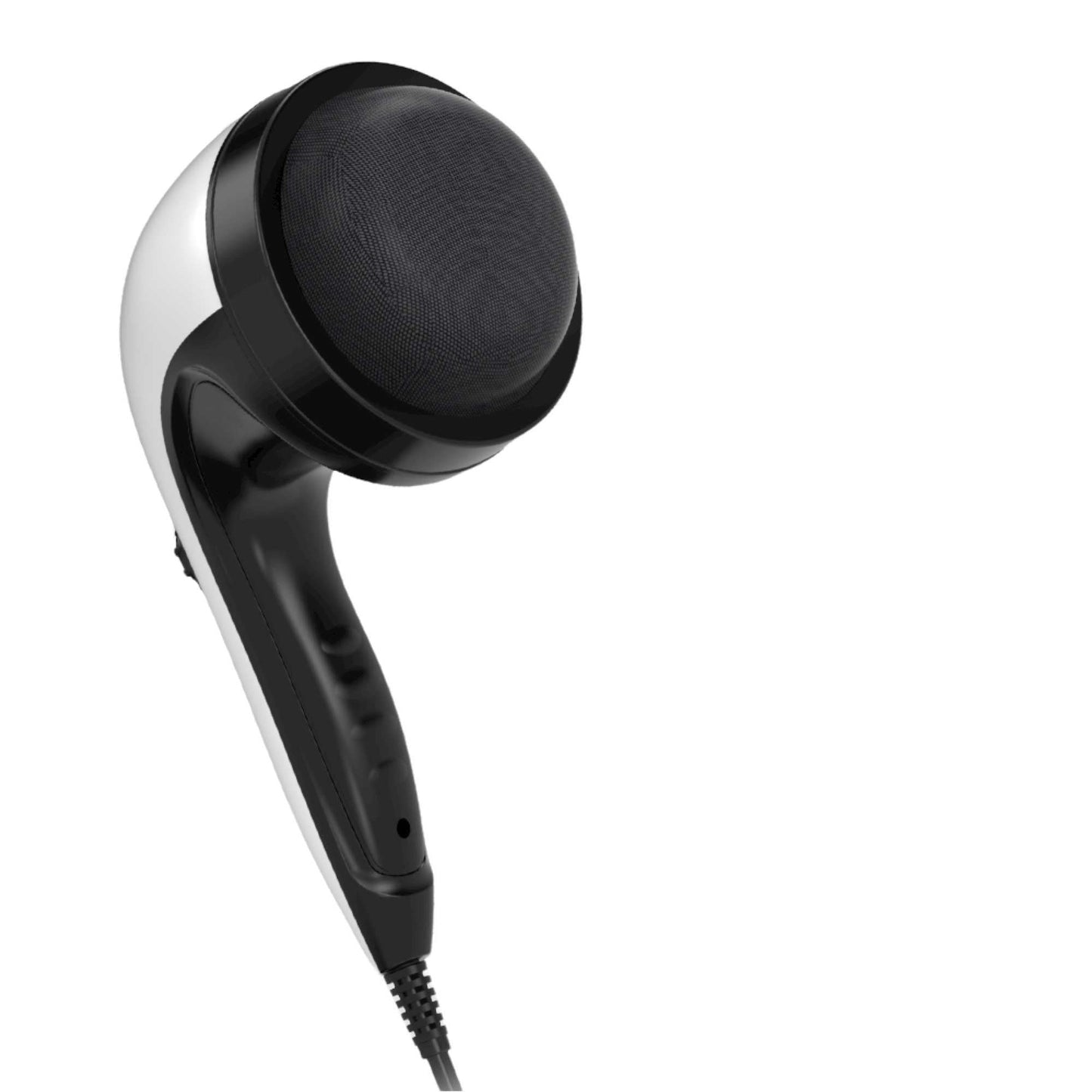 Fitlybuy handheld vibration massager featuring a black and white ergonomic design with a large circular mesh head.