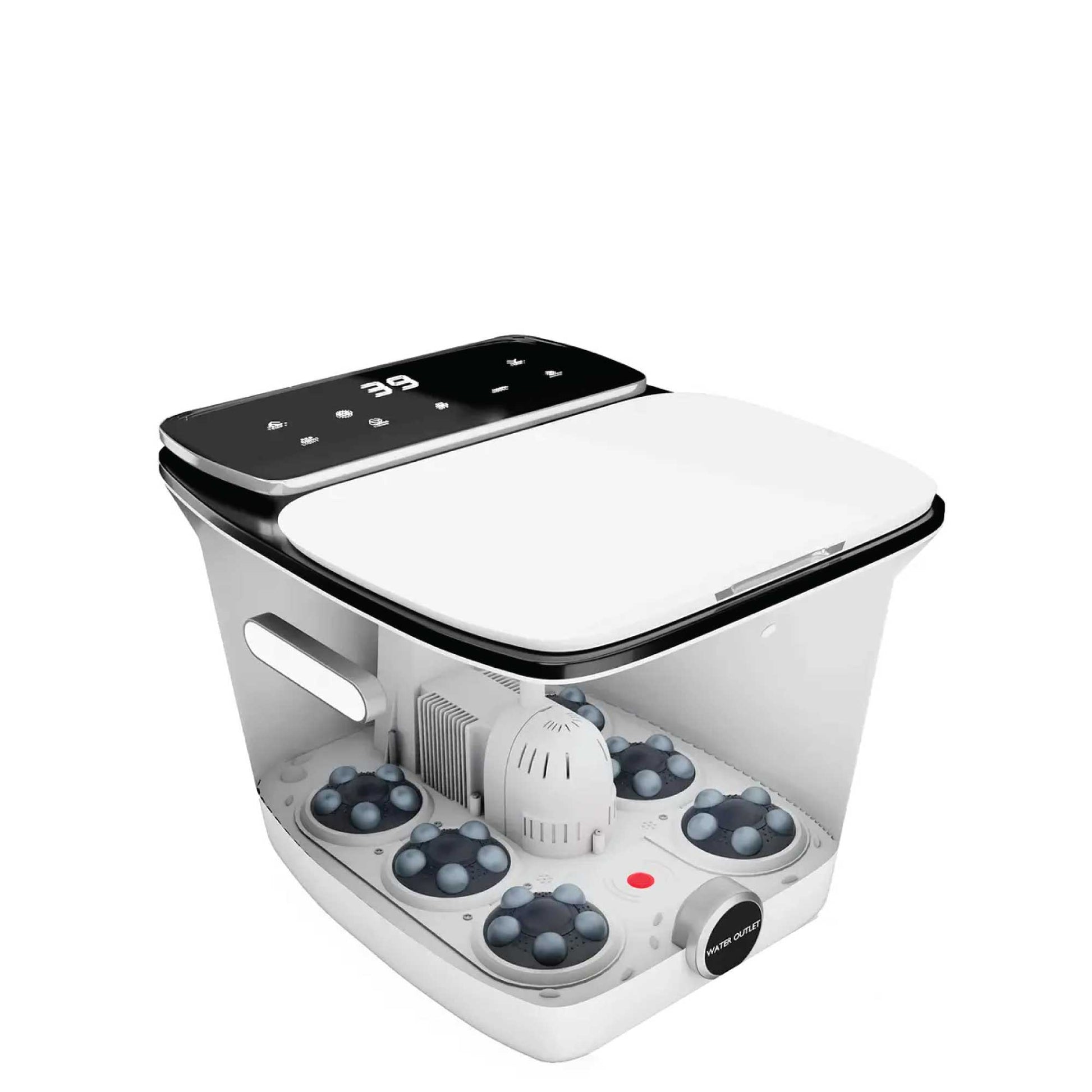 Fitlybuy white and black automatic foot spa massager with digital temperature display, rollers, and water outlet.