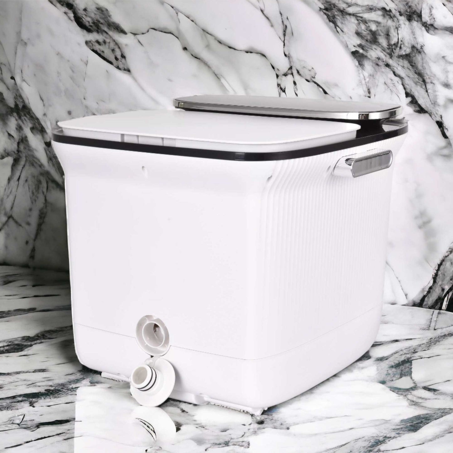 Fitlybuy white automatic foot spa massager with lid and drain spout, set against a white marble background.