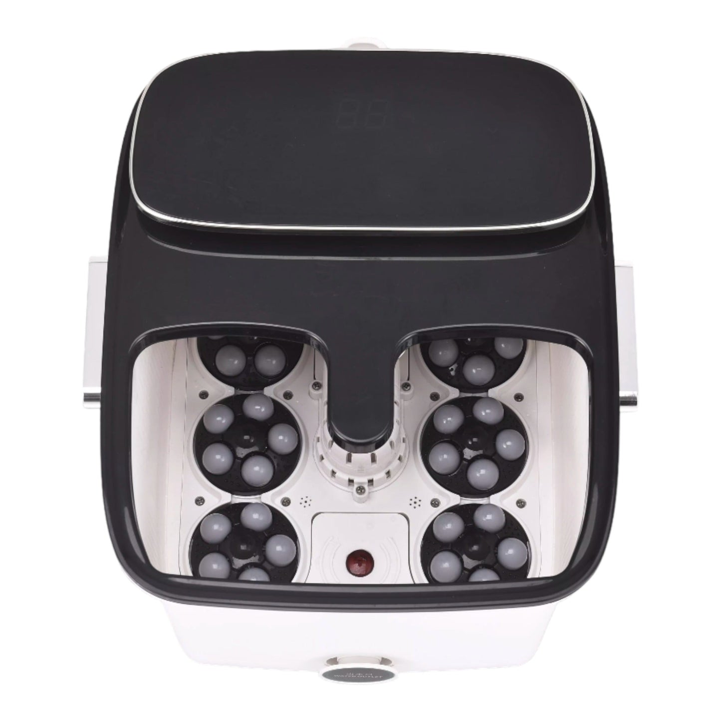 Fitlybuy black and white automatic foot spa massager with rollers and digital display, top-down view.