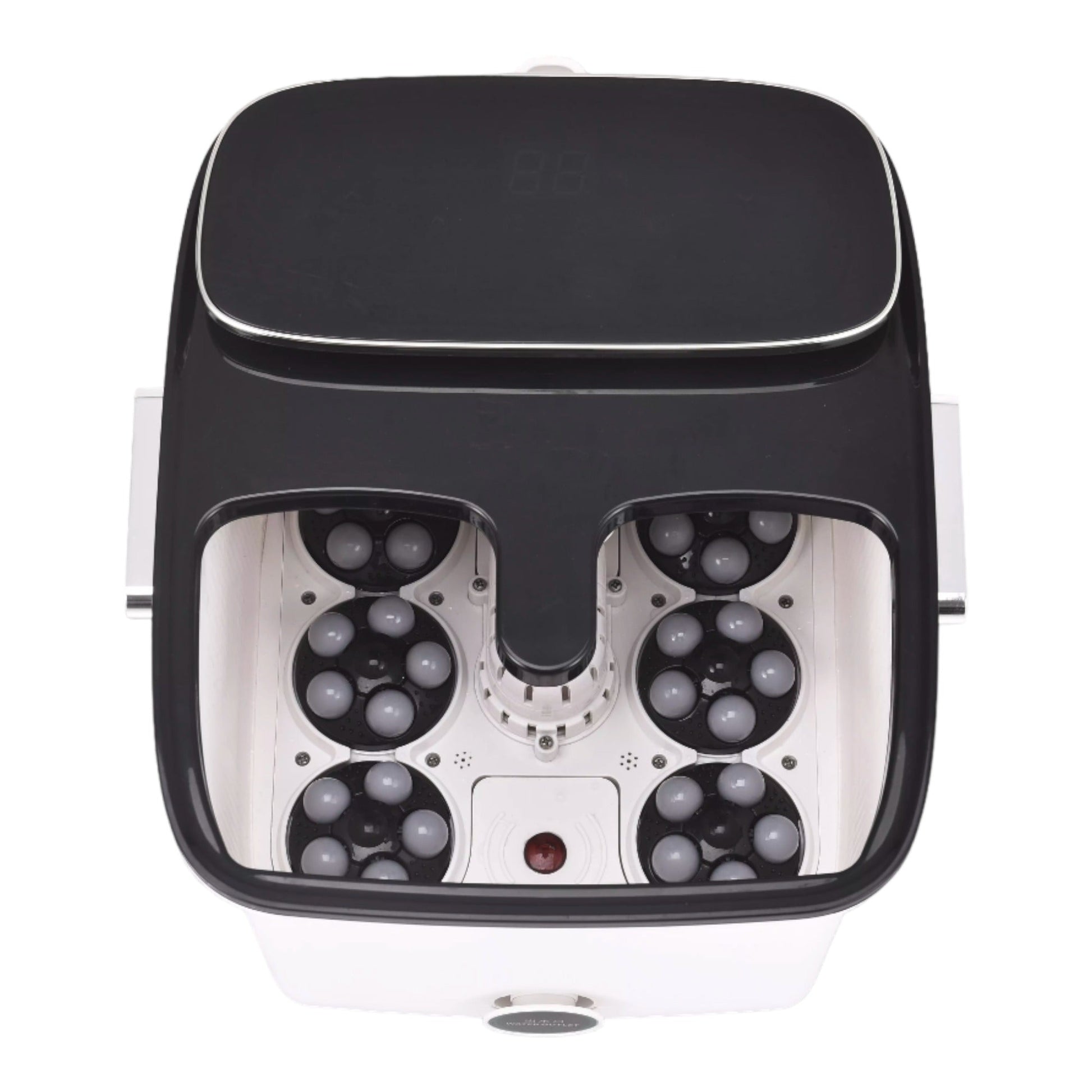 Fitlybuy black and white automatic foot spa massager with rollers and digital display, top-down view.