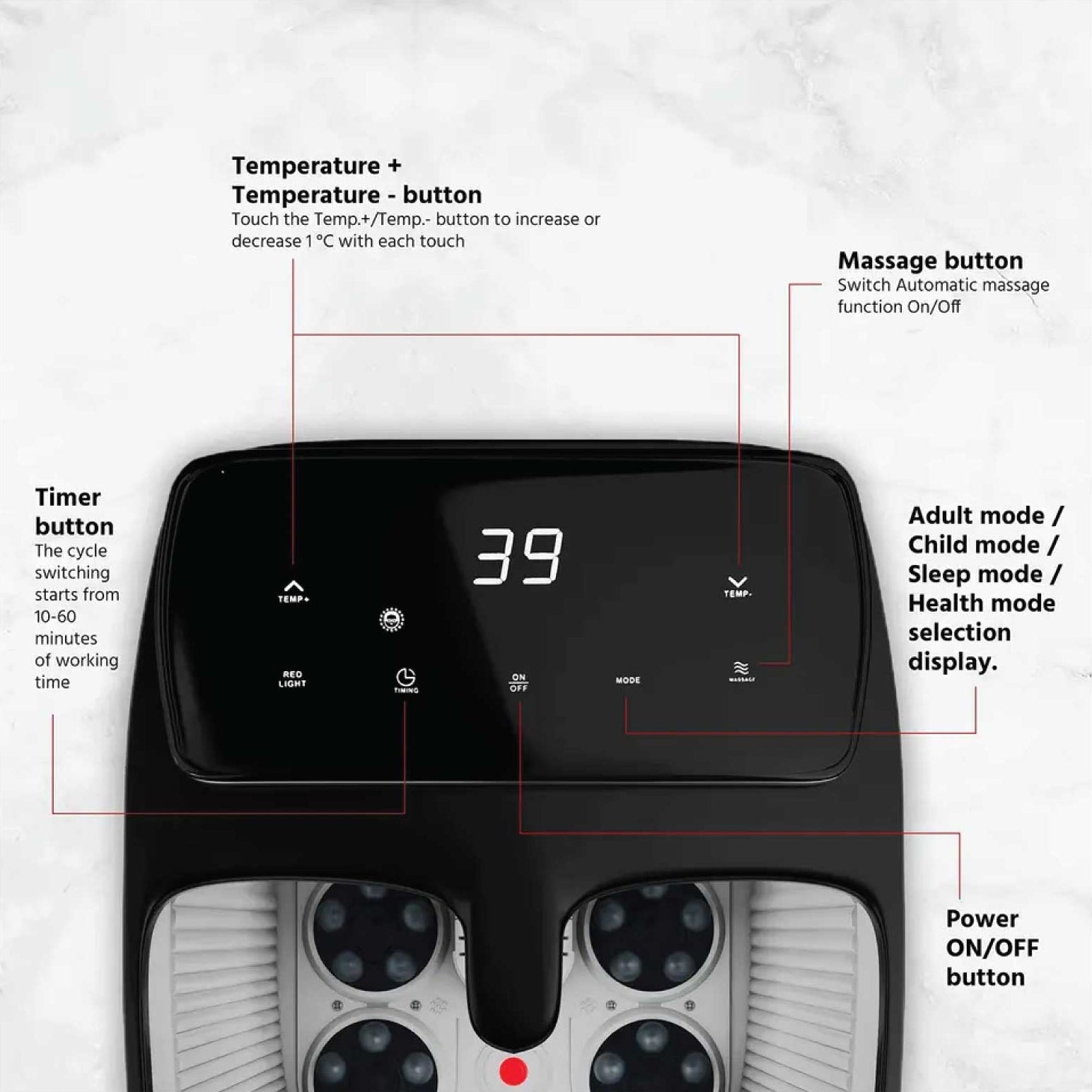 Black Fitlybuy foot spa massager with digital display showing temperature, mode, and touch controls for heat and massage.
