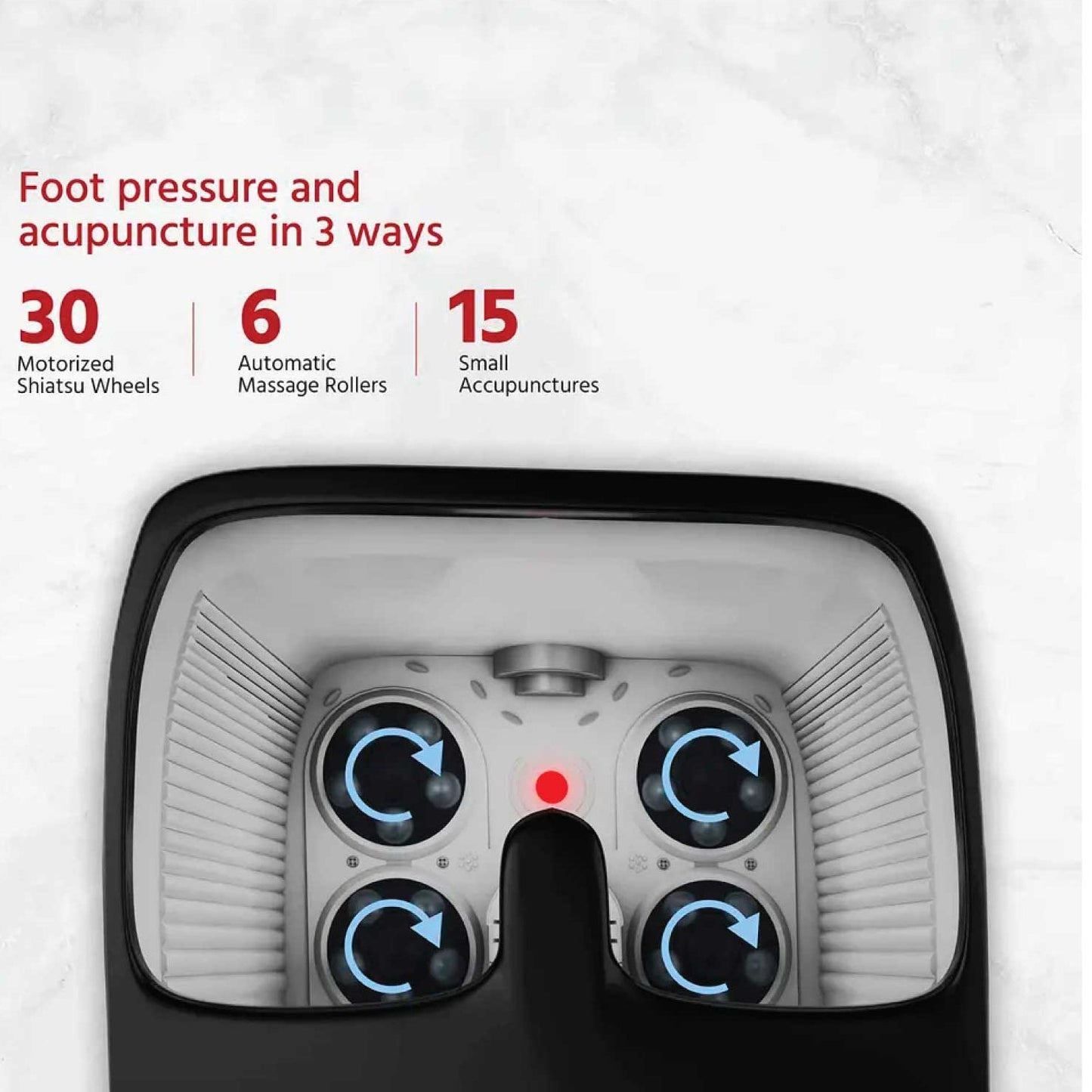 Fitlybuy black foot spa massager with motorized rollers and acupressure points, showing 3 massage modes in top text.