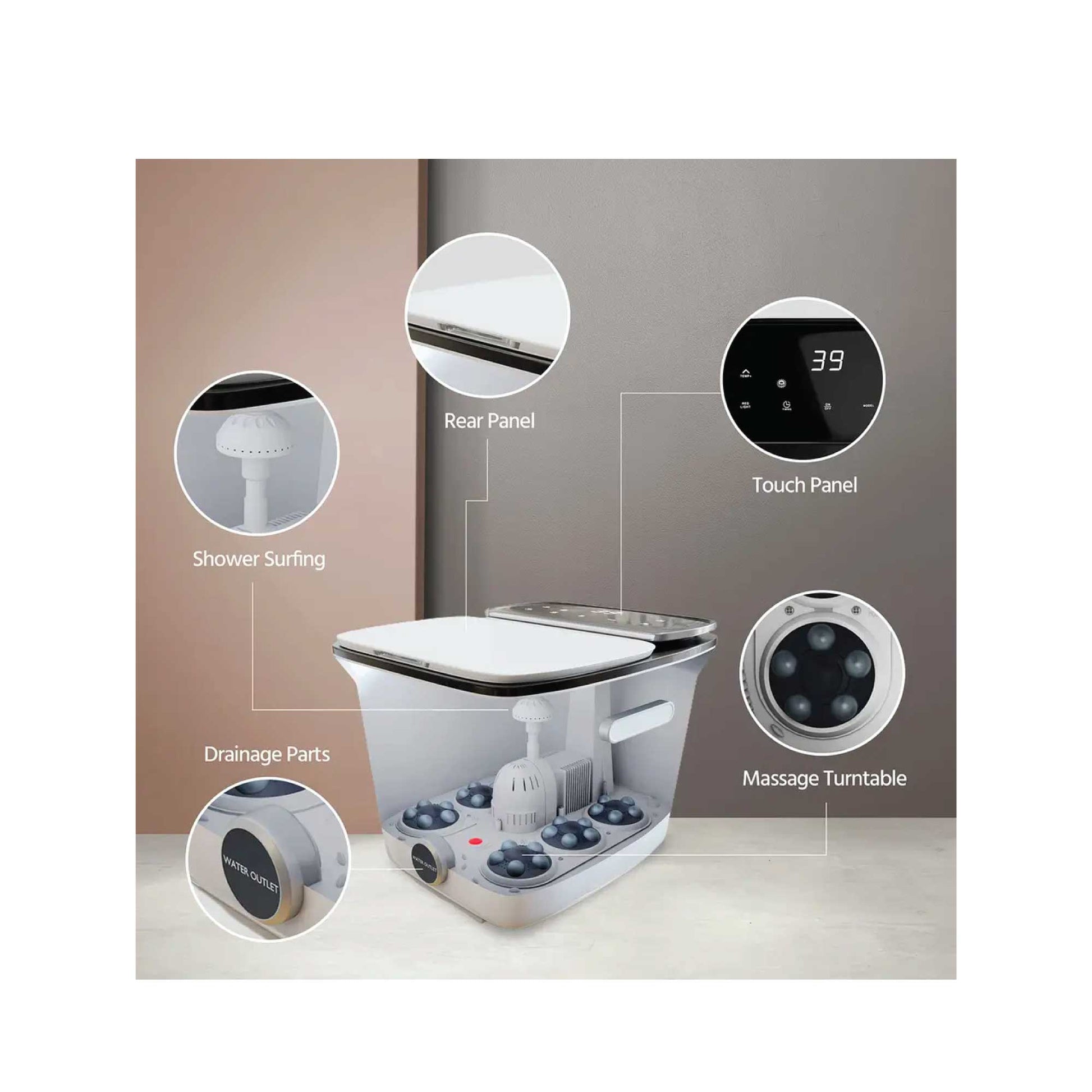 Fitlybuy foot spa with touch panel, massage turntables, shower surfing, and drainage, in a white and gray design.