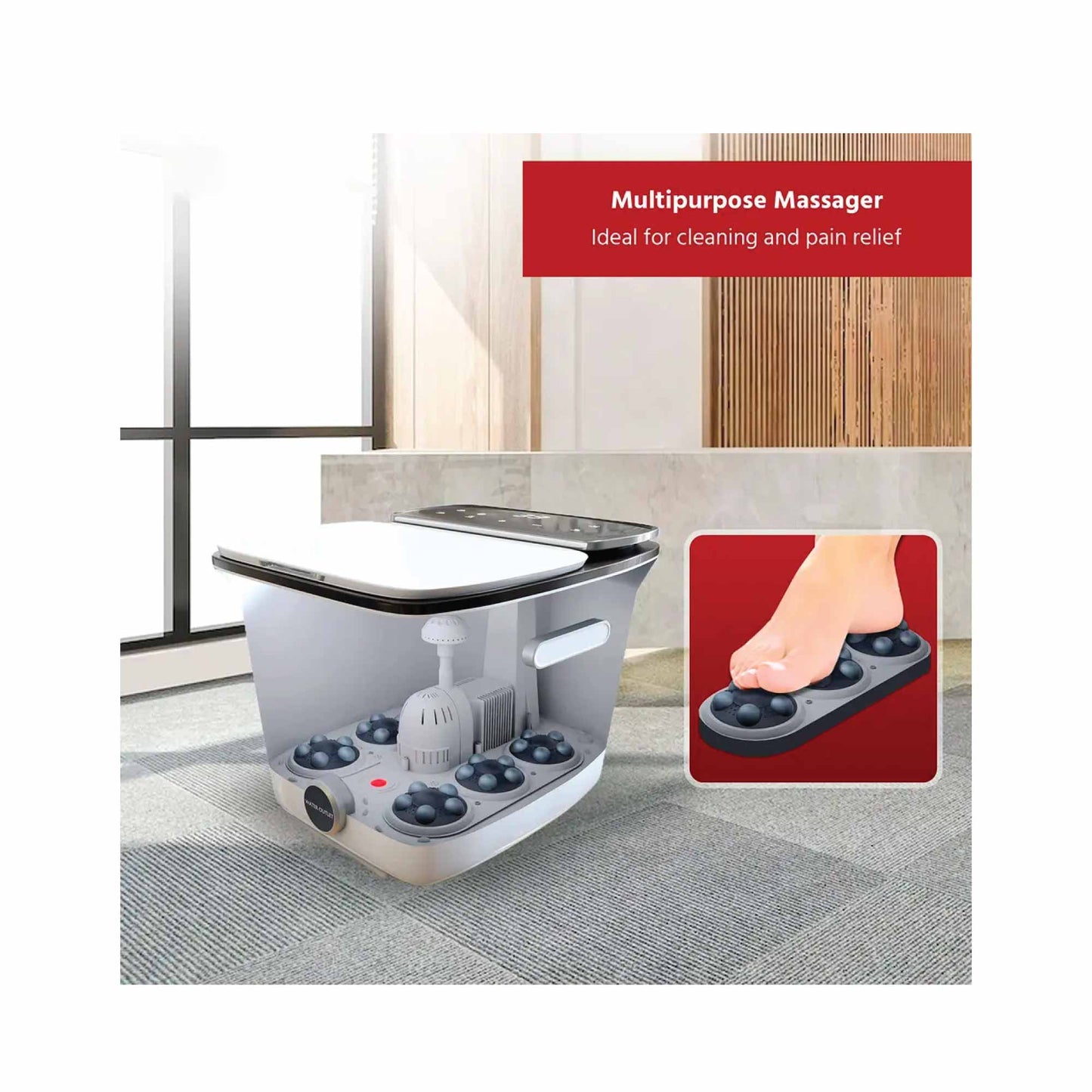 Fitlybuy gray, automatic water heating foot spa with massage rollers, shown in a room with a foot massage inset.