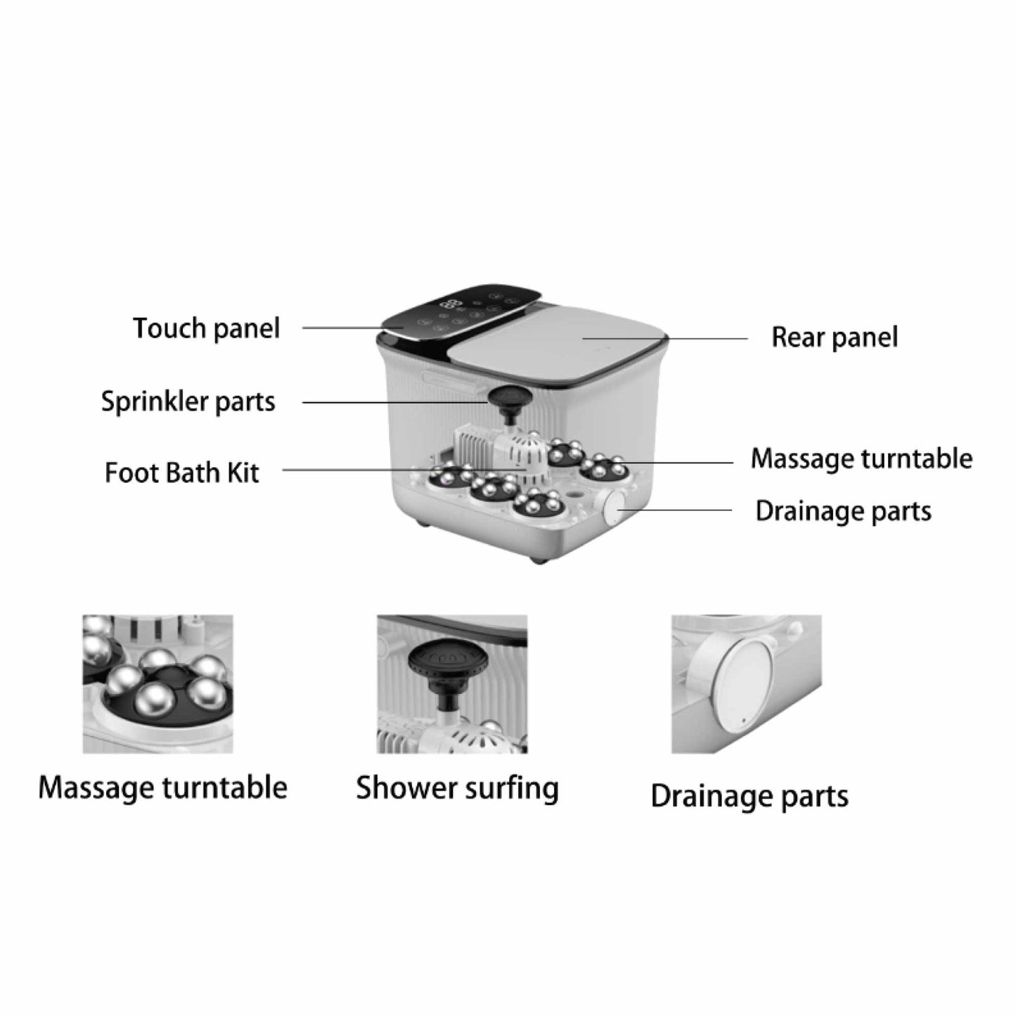 Fitlybuy white automatic foot spa massager with touch panel, heat, massage turntables, sprinkler, and drainage system.