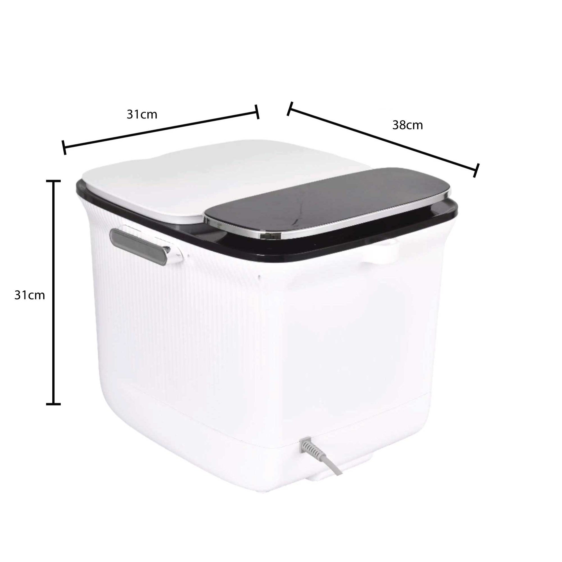 Fitlybuy white foot spa massager with black control lid and dimensions 31x38x31cm against a white background.