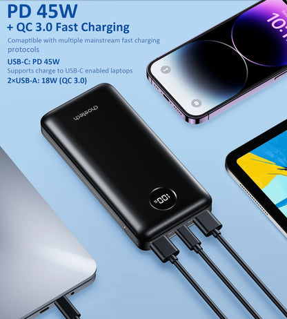 Powerpulse Choetech 20000mAh Power Bank - 45W PD, 3-Port Fast Charging