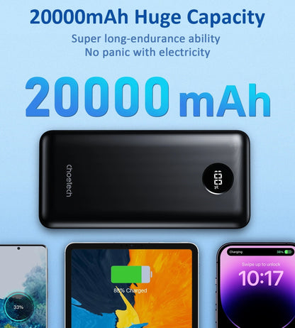 Powerpulse Choetech 20000mAh Power Bank - 45W PD, 3-Port Fast Charging