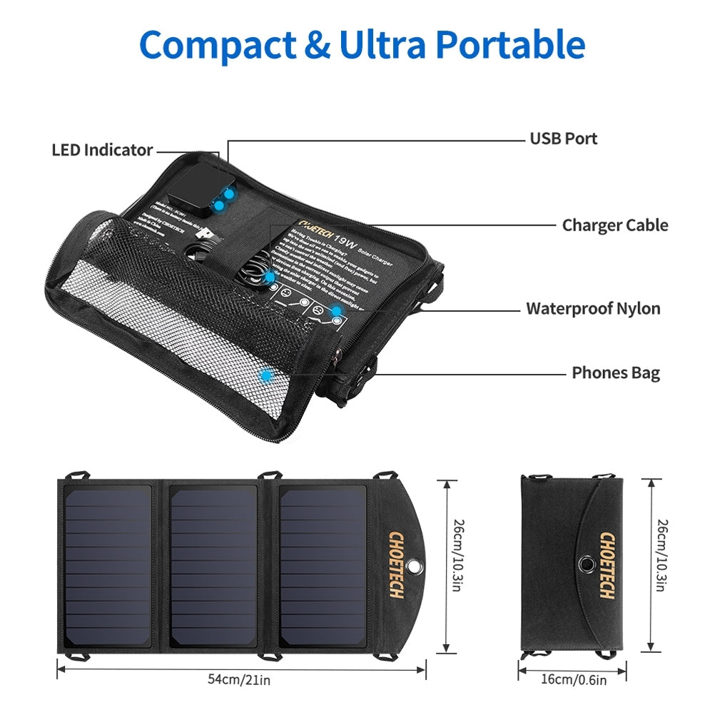 Powerpulse Choetech 19W Solar Panel Charger - Dual USB, Fast Charging for Camping