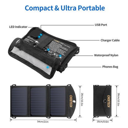 Powerpulse Choetech 19W Solar Panel Charger - Dual USB, Fast Charging for Camping