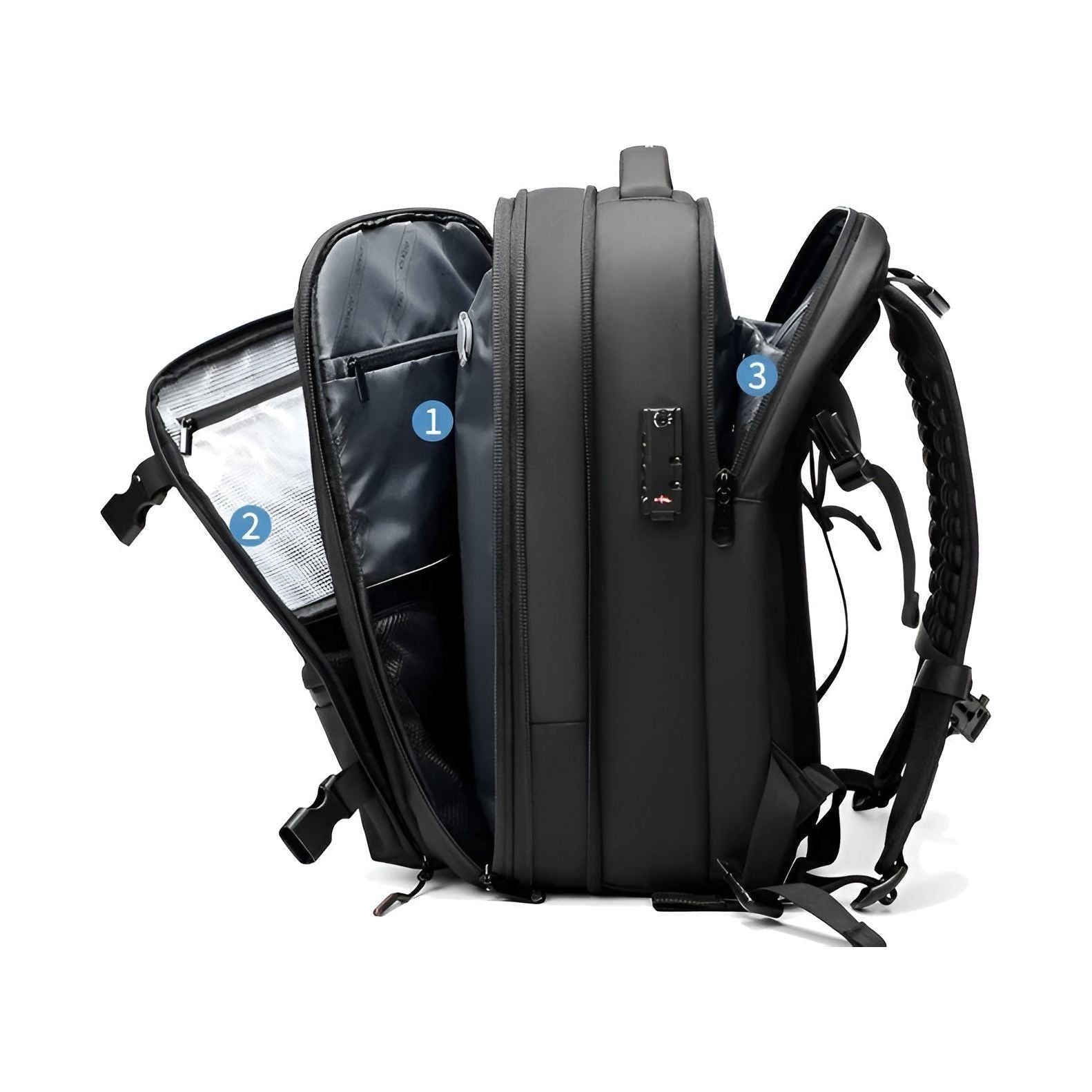 Black Fitlybuy Lara vacuum travel backpack with numbered interior compartments, lock, and waterproof design.