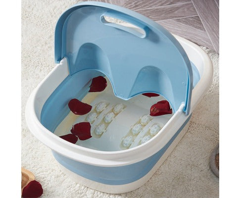 Fitlybuy blue and white foldable foot spa bucket with heat therapy, massage rollers, and floating rose petals.