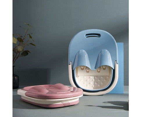 Foldable Fitlybuy foot spa buckets in blue and pink, featuring textured massage nodes and compact heat therapy design.
