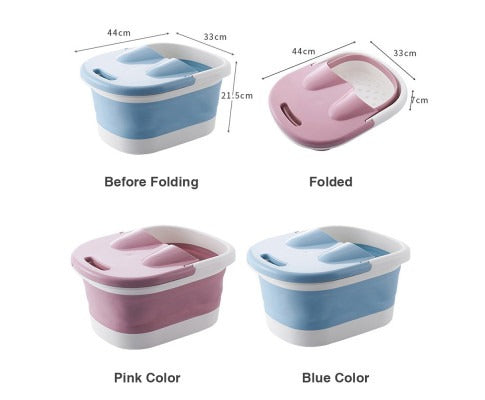 Fitlybuy foldable foot spa bucket in pink or blue, showing dimensions and both expanded and collapsed positions.