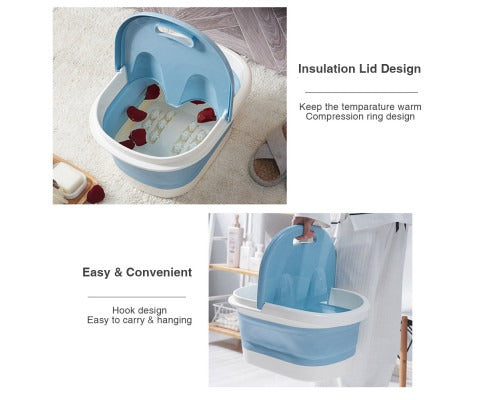 Blue and white foldable Fitlybuy foot spa bucket with insulation lid, carrying handle, and hanging hook design.