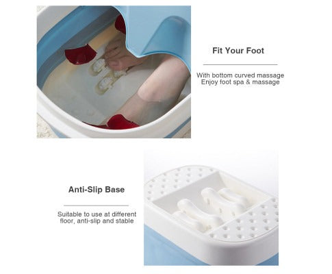 Blue foldable Fitlybuy foot spa bucket with massage rollers, showing feet soaking and the anti-slip base design.