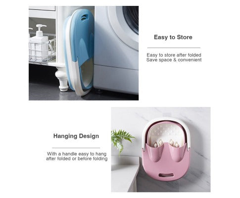 Fitlybuy foldable blue and pink foot spa buckets shown stored compactly between appliances and hanging on a wall hook.